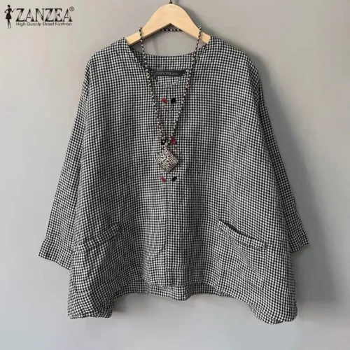 Zanzea casual solto blusa feminina verão em torno do pescoço camisa verificado impresso bolso 3/4 manga topos harajuku simples blusas - Imagem 13