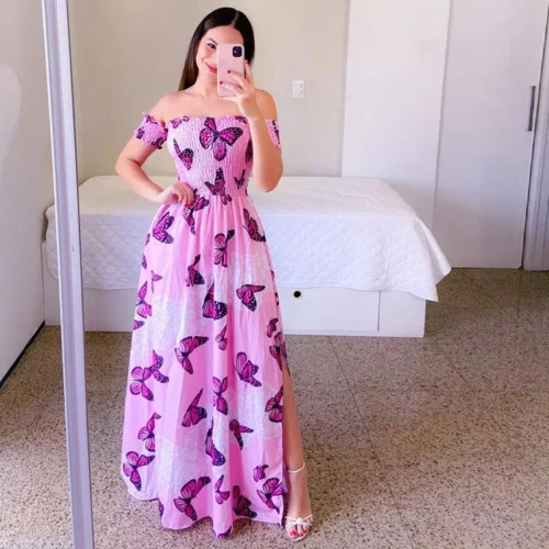 Elegante feminino fora do ombro midi vestido 2024 verão moda vestidos de cintura alta flor impressão manga curta vestidos robe roupas - Imagem 31