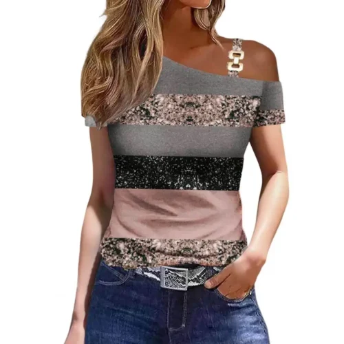 Blusa Feminina Fora do Ombro, Manga Curta, Folha de Metal, Camisa Diagonal, Casual Solta, Elegante Camisas de Escritório, Moda - Imagem 7