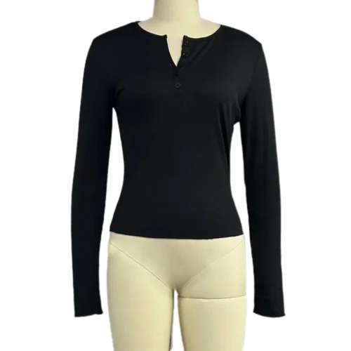 Mulheres outono primavera topo o pescoço botão manga longa fino ajuste pulôver macio respirável elástico estilo simples blusa feminina - Imagem 14
