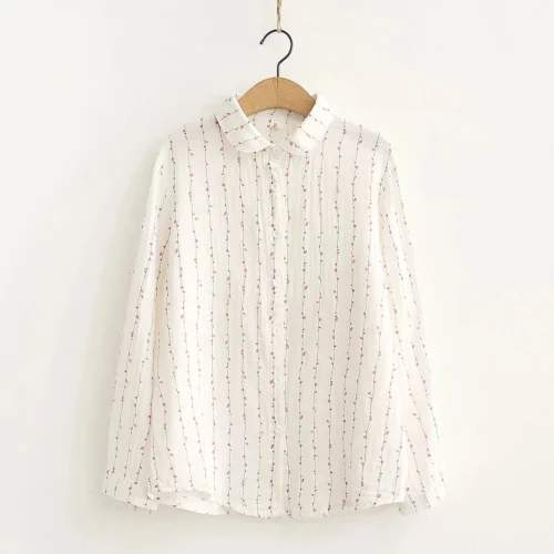 Nova Primavera Mulheres Camisas De Algodão De Camada Dupla Manga Completa Floral Solta Casual Blusa Macia Senhora Do Escritório Desgaste Do Trabalho Tops T34502X - Imagem 6