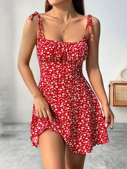 Vestido curto de praia com alça espaguete floral de verão feminino, mini vestido feminino, roupas femininas, vestidos vermelhos, vestido, novo vestido 2025
