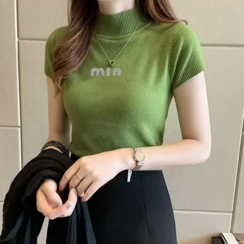Moda mulher blusas de manga curta verão topos blusa feminina gola alta blusa de malha camisa feminina topos blusas - Imagem 4