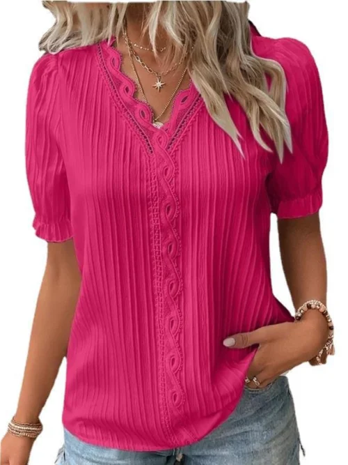 Verão feminino novo topo 2024 sólido sexy com decote em v oco camisa de manga curta moda splice plus size blusa solta vestuário rua - Imagem 6