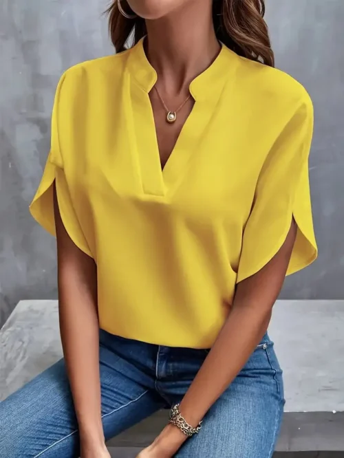 Verão elegante blusa feminina novo decote em v manga curta cor sólida camisa solta casual branco topos senhora do escritório blusas - Imagem 6