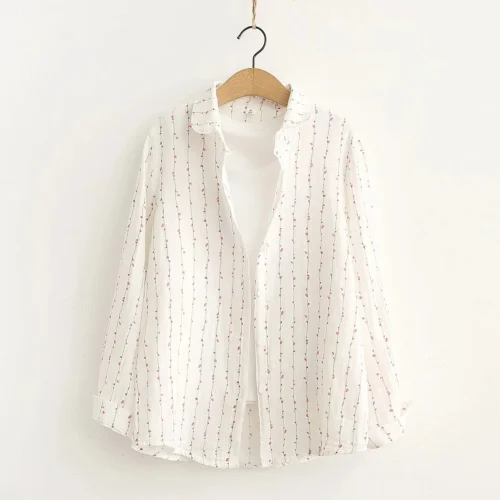 Nova Primavera Mulheres Camisas De Algodão De Camada Dupla Manga Completa Floral Solta Casual Blusa Macia Senhora Do Escritório Desgaste Do Trabalho Tops T34502X - Imagem 7