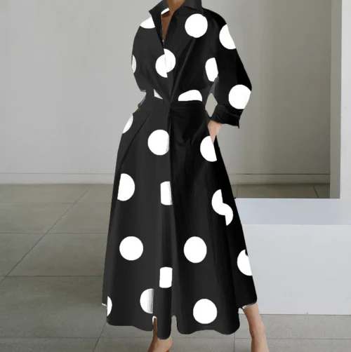 Vestido de outono manga longa dot print elegante maxi vestidos para as mulheres 2024 branco casual com decote em v camisa festa vestido longo robe femme - Imagem 8