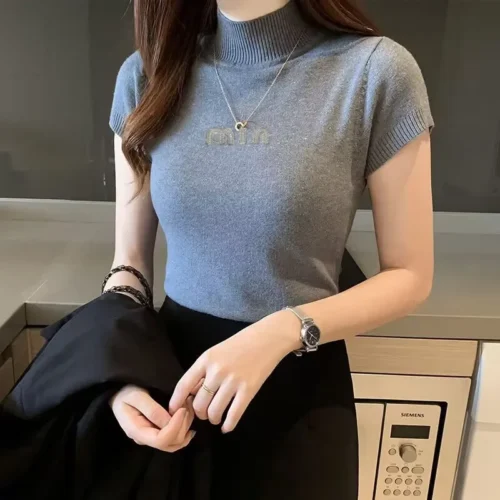 Moda mulher blusas de manga curta verão topos blusa feminina gola alta blusa de malha camisa feminina topos blusas - Imagem 19