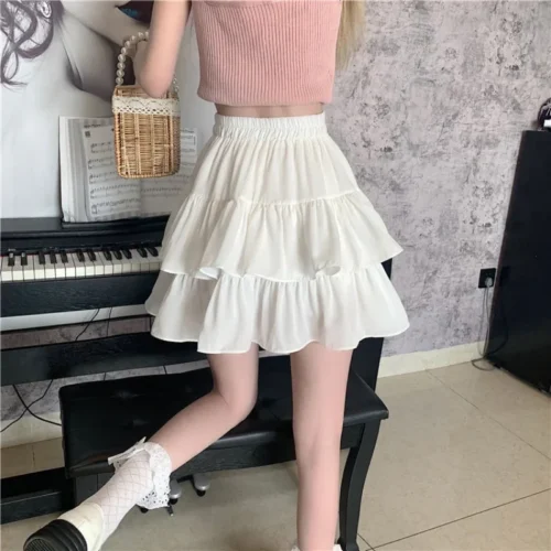 Mini saia de babados brancos para mulheres, cintura elástica, linha A, solta, estilo preppy, fofa, curta, plissada, moda coreana, kawaii - Imagem 27
