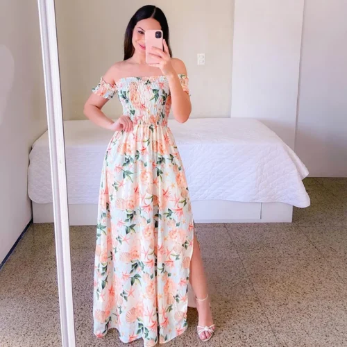 Elegante feminino fora do ombro midi vestido 2024 verão moda vestidos de cintura alta flor impressão manga curta vestidos robe roupas - Imagem 29