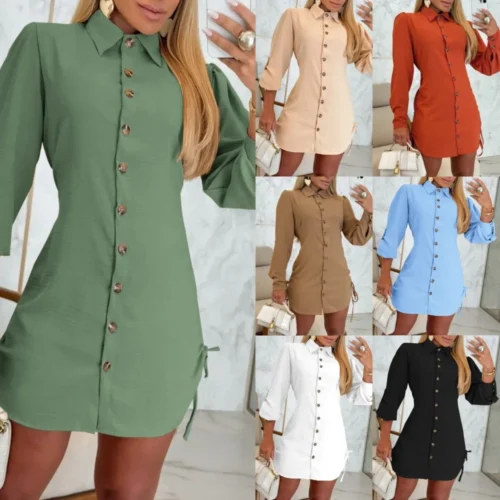 Moda manga longa botões camisa mini vestido feminino 2024 outono elegante escritório branco sólido vestidos para mulheres longas topos robe femme - Imagem 13