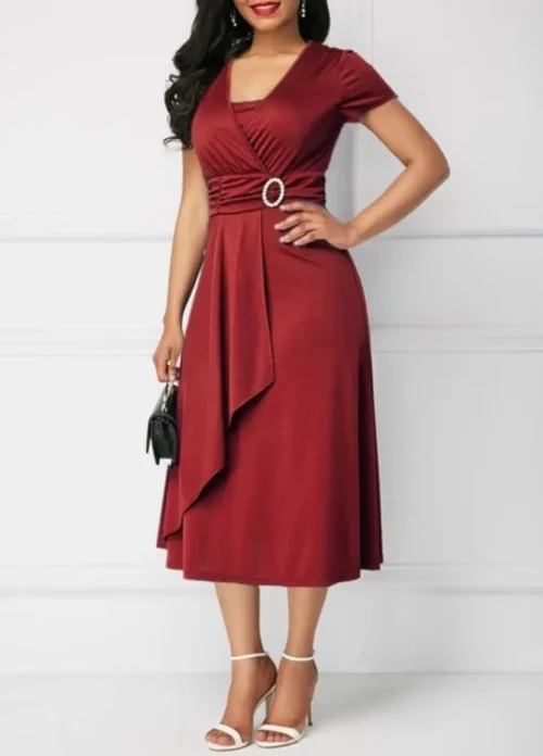 Vestidos de verão elegantes femininos cor sólida manga curta com decote em v assimétrico bainha cintura apertada midi vestido de festa senhoras vestidos de noite - Imagem 18