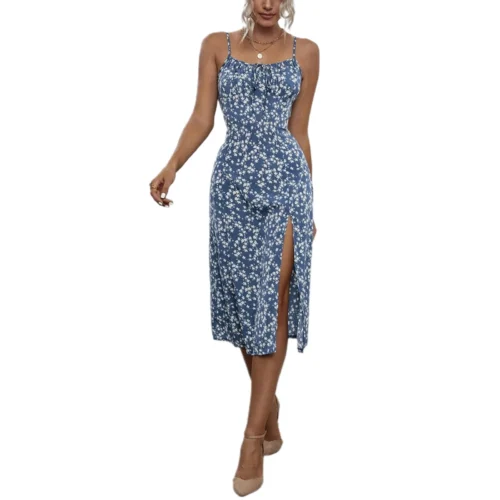 Vestido floral sem mangas feminino com fenda alta, cinta de espaguete estampa de flores, roupas femininas, verão, 2022 - Imagem 3