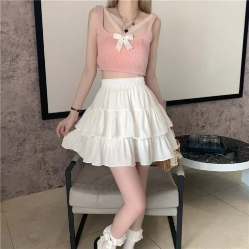 Mini saia de babados brancos para mulheres, cintura elástica, linha A, solta, estilo preppy, fofa, curta, plissada, moda coreana, kawaii - Imagem 26