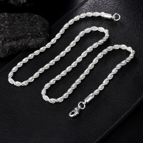 Cor prata 4mm corrente masculina corda torcida colar pulseiras moda feminina masculino prata conjunto de jóias de alta qualidade - Imagem 11