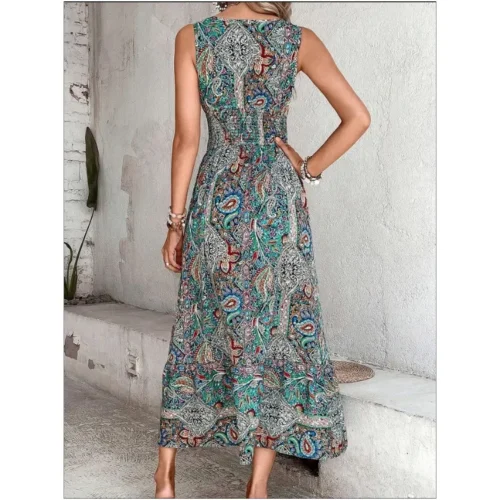 Verão boho vestidos femininos fahsion sem mangas impressão praia vestidos de festa 2024 elegante casual férias para mulher longo a linha vestido - Imagem 13
