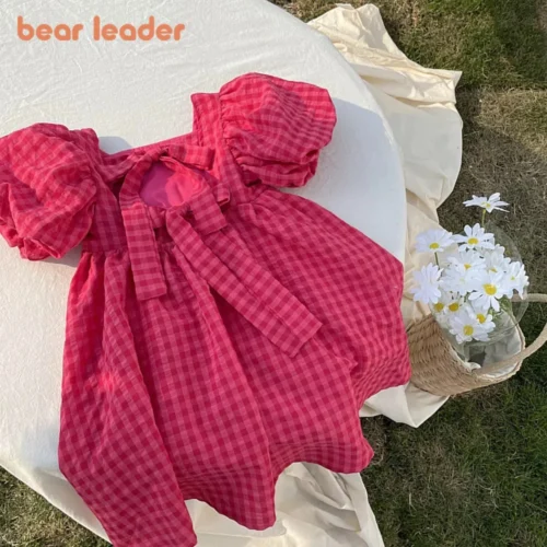 Urso líder rosa xadrez arco vestido elegante lolita criança grandes meninas midi vestido crianças vestidos adolescentes festa princesa vestido de verão - Imagem 2