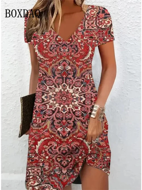Vintage feminino midi vestidos para 2024 estilo étnico floral impressão vestido solto plus size casual manga curta pulôver com decote em v vestido - Imagem 6