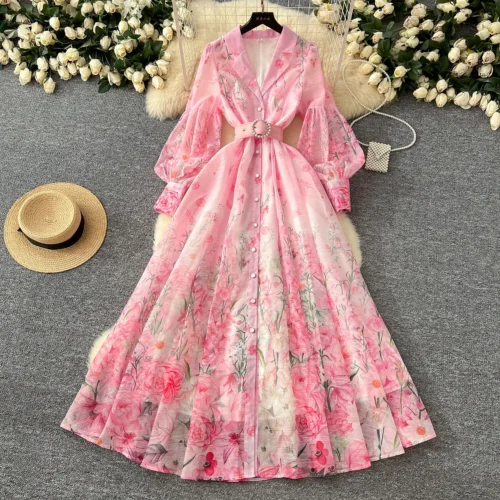 Palácio floral maxi vestido feminino verão férias vestidos longos camisa 2025 primavera manga cheia único breasted pérolas festa vestidos - Imagem 9