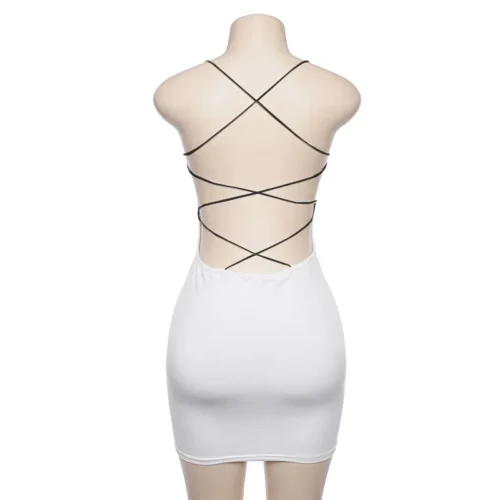 Sexy preto verão roupas femininas cor sólida sem costas cintas de espaguete boate vestido bodycon festa à noite baixo pescoço mini vestido - Imagem 33