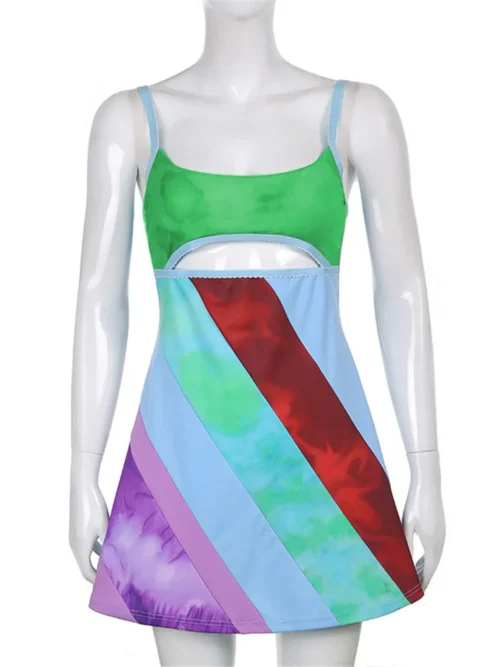 Y2k feminino suspender a linha vestido de verão sem mangas contraste cor u pescoço recorte curto bodycon vestido harajuku vestido de verão 2022 novo - Imagem 2