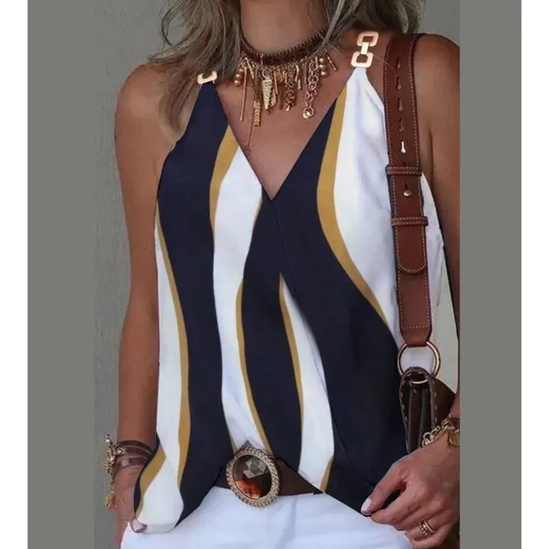 2024 verão com decote em v fivela de metal listrado impresso regata para mulher solta sem mangas pulôver blusa femme blusas mujer