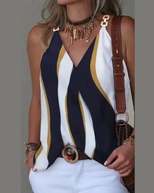 2024 verão com decote em v fivela de metal listrado impresso regata para mulher solta sem mangas pulôver blusa femme blusas mujer - Imagem 25