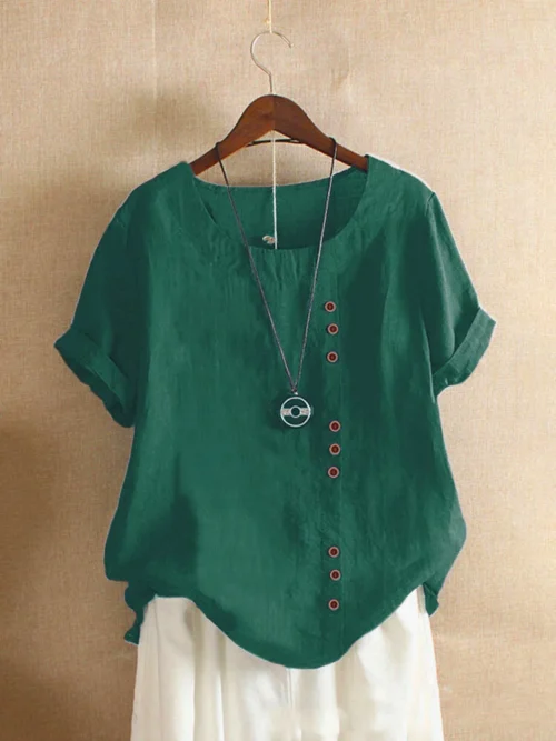 Top feminino de algodão e linho verão casual solto botão manga curta cor sólida pulôver blusa femme blusas - Imagem 25