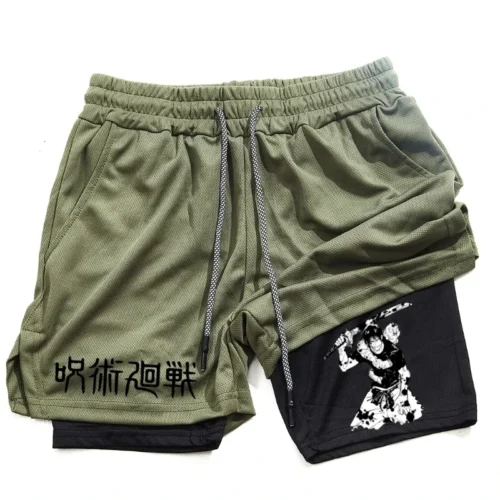 Calções de Anime Performance Masculina, Estampada Toji, Ginásio, Casual, Esportes, Treino, Corrida, Malha, Calça curta esportiva 2 em 1 - Imagem 4