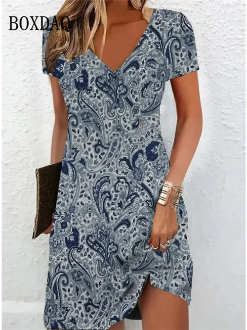 Vintage feminino midi vestidos para 2024 estilo étnico floral impressão vestido solto plus size casual manga curta pulôver com decote em v vestido - Imagem 5