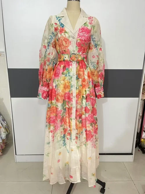 Palácio floral maxi vestido feminino verão férias vestidos longos camisa 2025 primavera manga cheia único breasted pérolas festa vestidos - Imagem 12