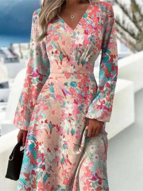 Vestido estampado slim fit feminino, mangas largas, sexy com decote em v, manga comprida, elegante, primavera, outono, novo - Imagem 4