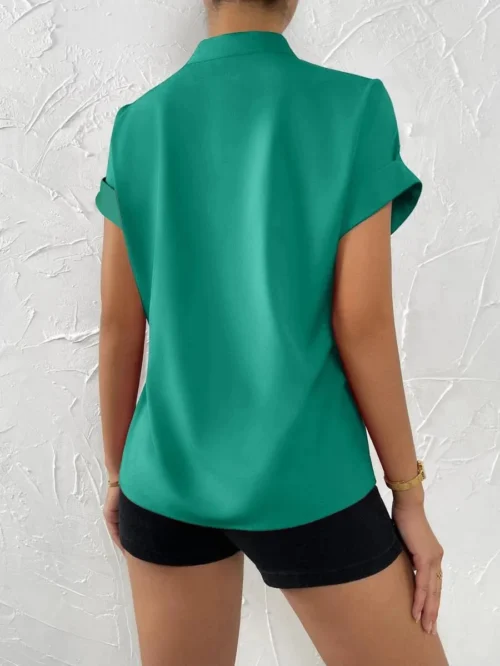 2024 verão com decote em v camisa feminina casual senhora do escritório cor sólida manga curta único breasted elegante blusa feminina femme blusas - Imagem 14