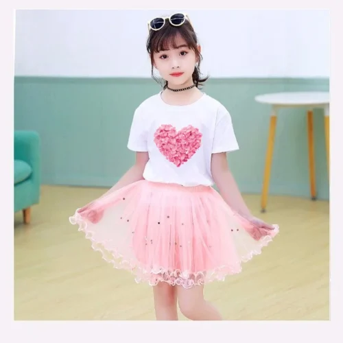 Conjunto de duas peças feminino, saia de malha tutu e camiseta, roupa de festa infantil, bonita coreana, moda verão, 3-14 anos - Imagem 3