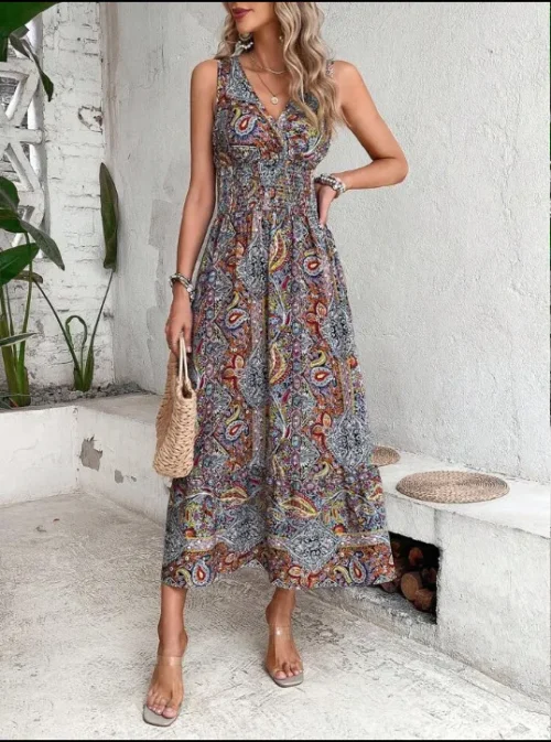 Verão boho vestidos femininos fahsion sem mangas impressão praia vestidos de festa 2024 elegante casual férias para mulher longo a linha vestido - Imagem 15