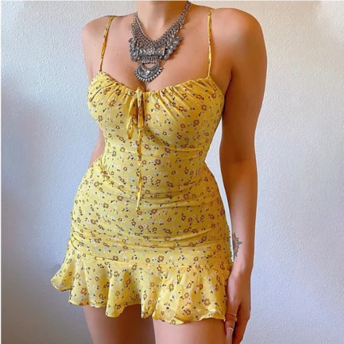 Floral impressão cinta de espaguete vestidos femininos sexy baixo corte oco para fora leace-up pacote hip babados mini vestido feminino 2024 - Imagem 15