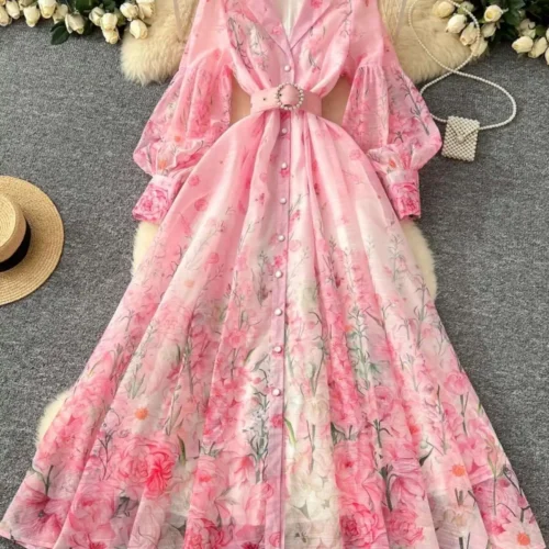 Palácio floral maxi vestido feminino verão férias vestidos longos camisa 2025 primavera manga cheia único breasted pérolas festa vestidos