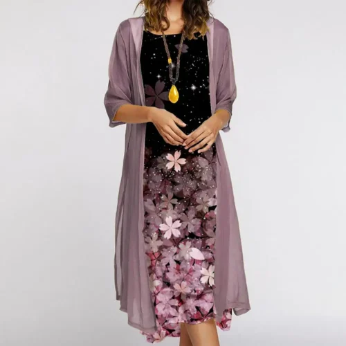 Feminino 1 conjunto elegante vintage em torno do pescoço vestido de duas peças senhoras vestido conjunto floral impressão para festa - Imagem 6
