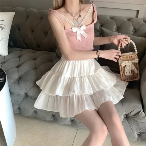 Mini saia de babados brancos para mulheres, cintura elástica, linha A, solta, estilo preppy, fofa, curta, plissada, moda coreana, kawaii - Imagem 21
