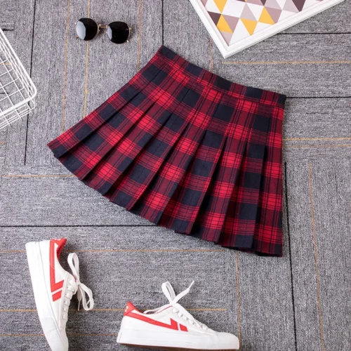 Saia xadrez plissada de cintura alta feminina, linha A, vermelha, coreana, Harajuku, primavera e outono, nova, 2023 - Imagem 4