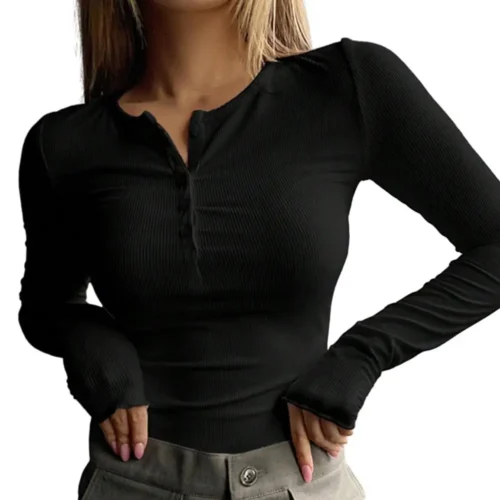 Mulheres outono primavera topo o pescoço botão manga longa fino ajuste pulôver macio respirável elástico estilo simples blusa feminina - Imagem 8