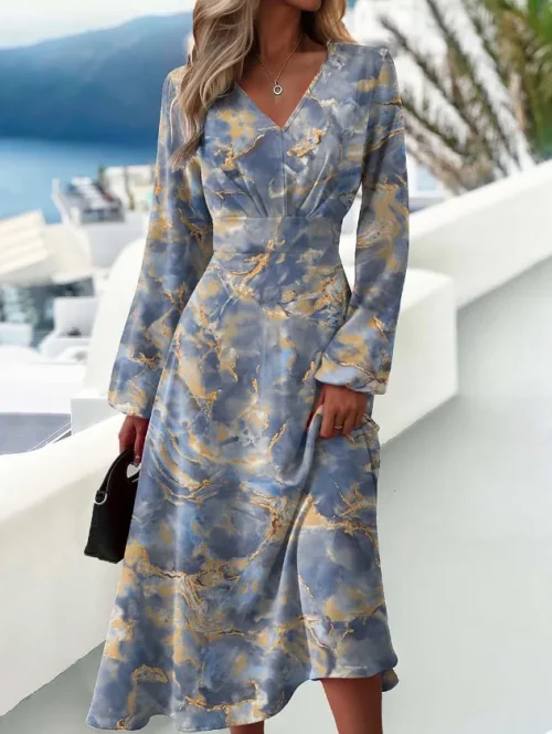 Vestido estampado slim fit feminino, mangas largas, sexy com decote em v, manga comprida, elegante, primavera, outono, novo - Imagem 12
