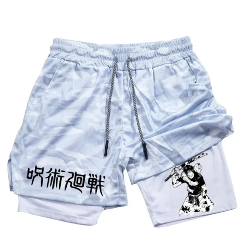 Calções de Anime Performance Masculina, Estampada Toji, Ginásio, Casual, Esportes, Treino, Corrida, Malha, Calça curta esportiva 2 em 1 - Imagem 5