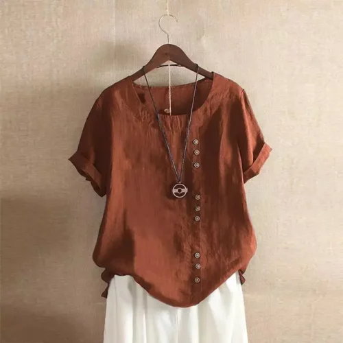 Top feminino de algodão e linho verão casual solto botão manga curta cor sólida pulôver blusa femme blusas - Imagem 7