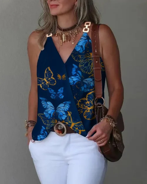 2024 verão com decote em v fivela de metal listrado impresso regata para mulher solta sem mangas pulôver blusa femme blusas mujer - Imagem 14