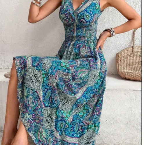 Verão boho vestidos femininos fahsion sem mangas impressão praia vestidos de festa 2024 elegante casual férias para mulher longo a linha vestido