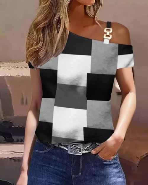 Blusa Feminina Fora do Ombro, Manga Curta, Folha de Metal, Camisa Diagonal, Casual Solta, Elegante Camisas de Escritório, Moda - Imagem 16