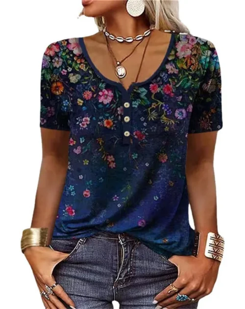 Camisas elegantes para mulheres manga curta moda estilo étnico solto retro casual botão blusas 3d flor impressão solta verão topos - Imagem 7