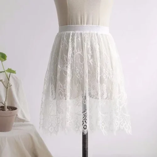 2 comprimento elegante saia preta renda branca transparente longa saia de tule senhoras elástica cintura alta praia midi saia transporte da gota - Imagem 17