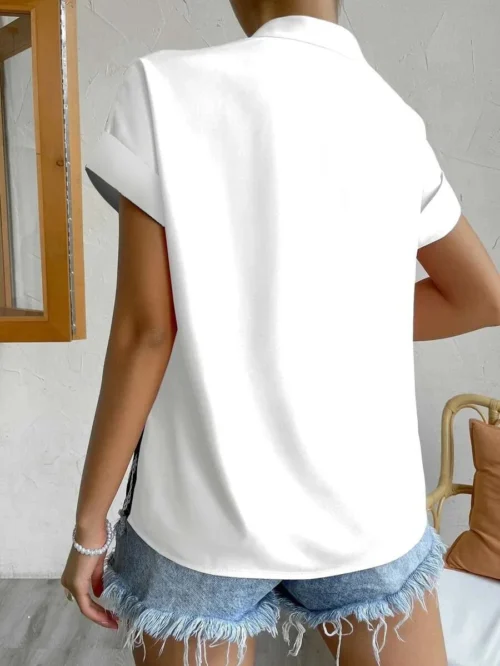 2024 verão com decote em v camisa feminina casual senhora do escritório cor sólida manga curta único breasted elegante blusa feminina femme blusas - Imagem 24